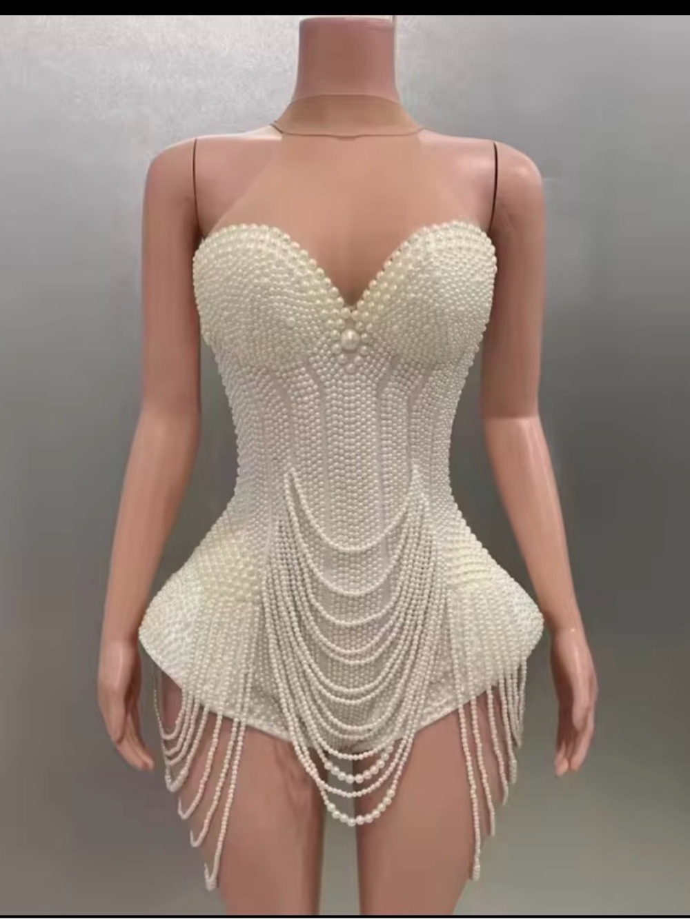 Ivory Pearl-Embellished Strapless Dress